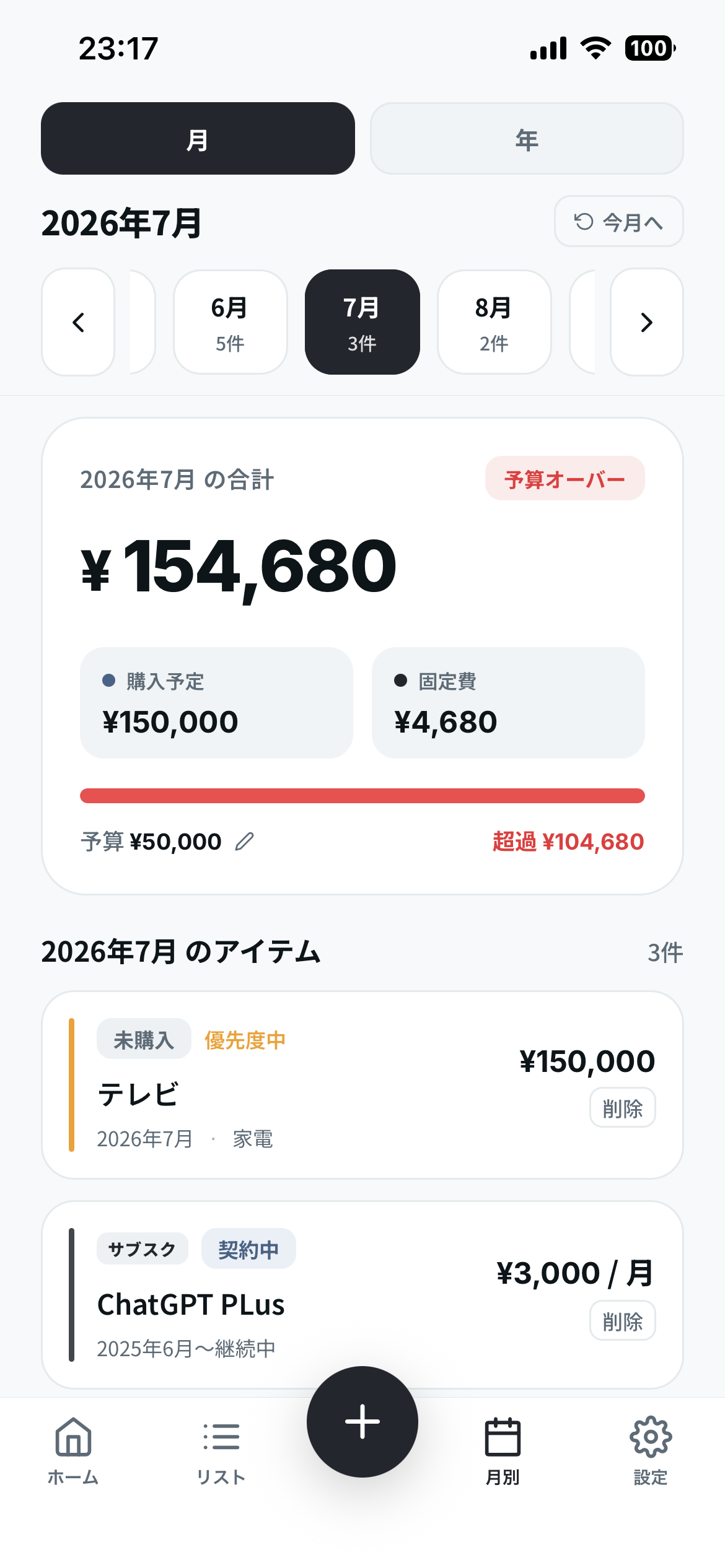 月別予算・予算オーバー画面